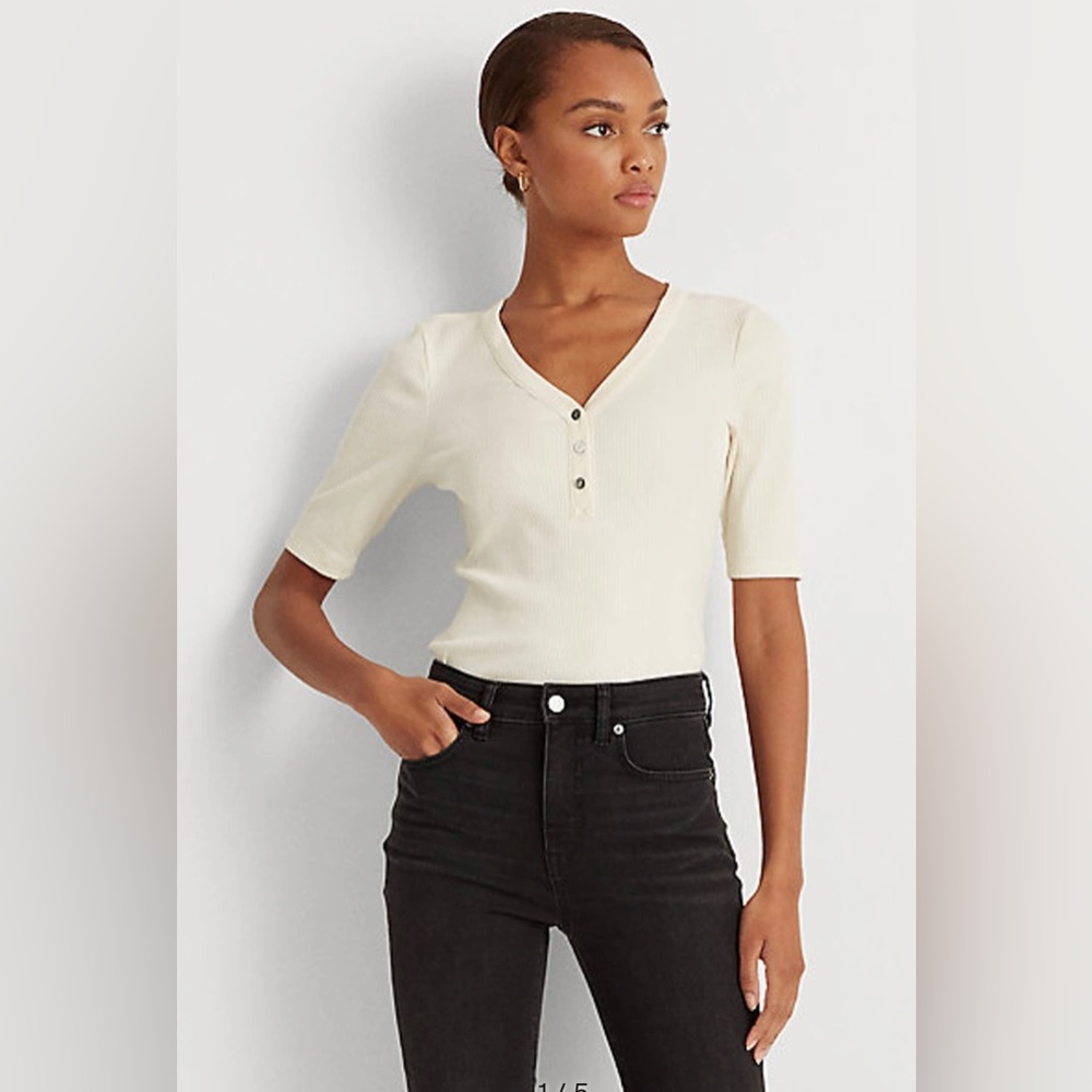 Lauren Ralph Lauren Ribbed Henley Tee in Mascarpone Size XL NWT‎